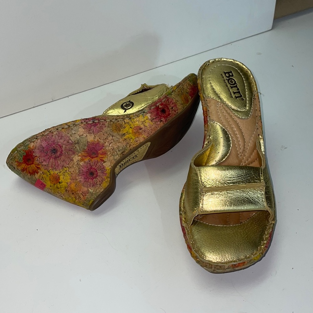 Born gold leather wedge with floral heel